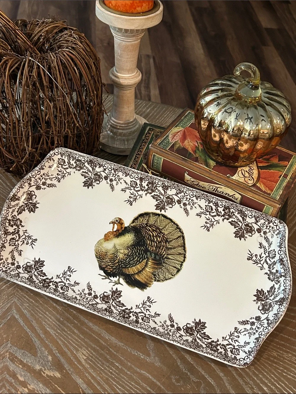 NEW! Fall Harvest Toile Ceramic Thanksgiving Turkey Serving Platter Tray